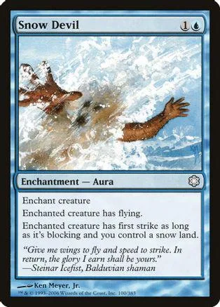 Brown creature in blizzard, white and blue card art. Enchantment card.