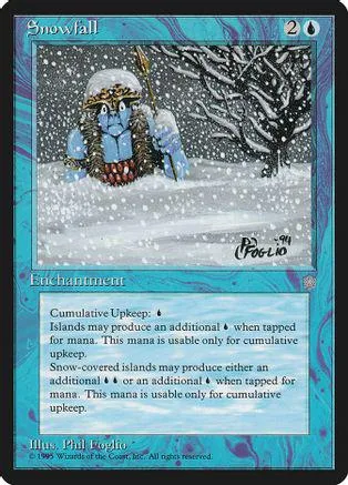 Blue and white card art of a creature in a snowy forest scene.