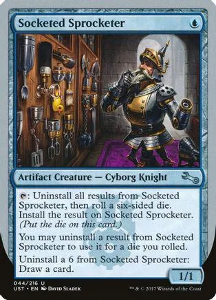 Cyborg knight on a blue and gray Magic: The Gathering card.