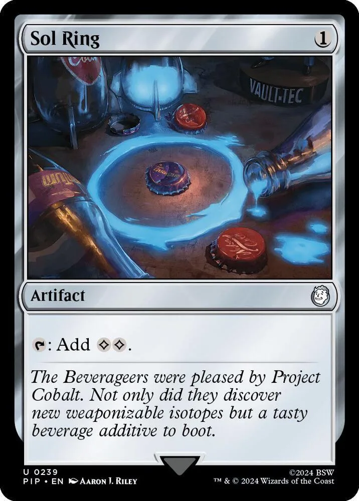 Magic: The Gathering card, Sol Ring, featuring a blue glowing potion on a dark surface.