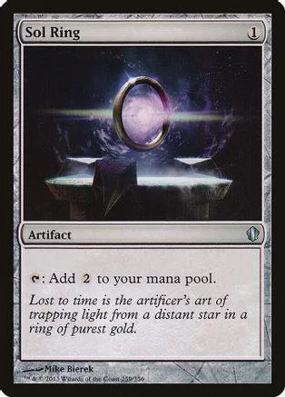Magic: The Gathering Sol Ring card, silver and purple ring on dark background.