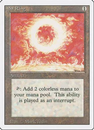 Red and white swirling energy on a Magic: The Gathering Sol Ring card.