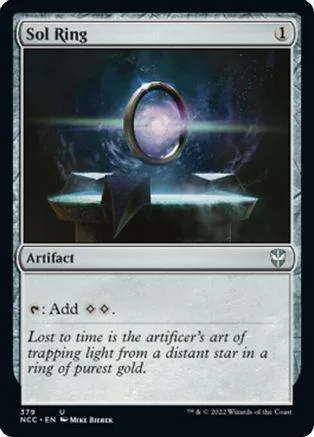 Magic: The Gathering Sol Ring card. Silver ring floats above dark, starry landscape.