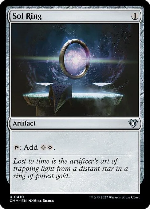 Magic: The Gathering Sol Ring card art featuring a glowing ring against a starry background.