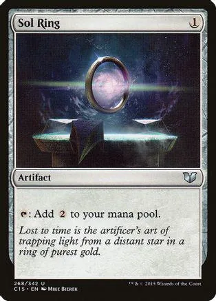 Silver ring floats above dark, starry background on a trading card.