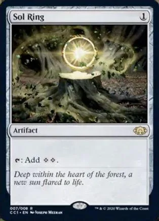 Magic: The Gathering Sol Ring card art: glowing sun over mossy forest.