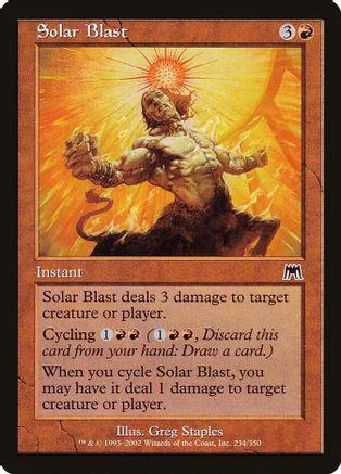 Muscular figure radiating light on orange and yellow background, Magic: The Gathering card.