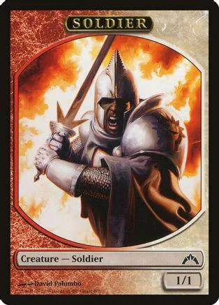 Armored soldier figure in dramatic, fiery setting on a collectible card.