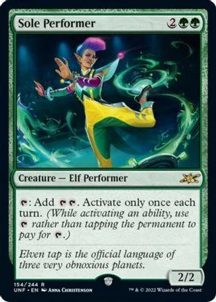 Elf performer with purple hair, vibrant green and yellow outfit, on a trading card.