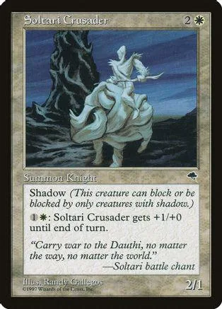 White knight on dark horse against a dark, wooded background. Magic: The Gathering card.