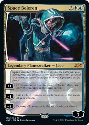 Astronaut figure in space, holding blaster, on a dark blue card.