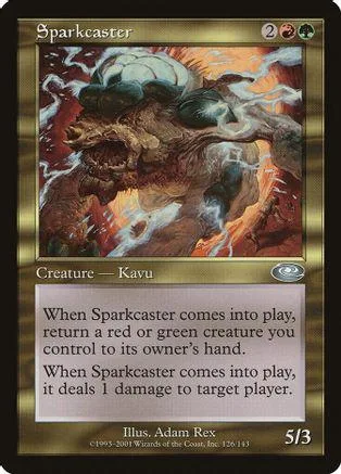 Brown, monstrous creature on a card with fiery background. Creature type, 5/3.