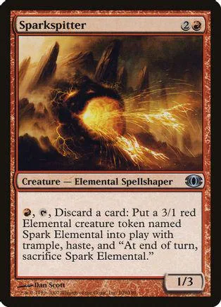 Fire elemental creature card art, orange and yellow glow, black border.