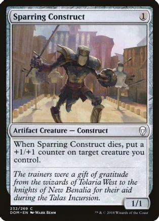 Metal warrior construct in armor on a battlefield, white and blue card art.