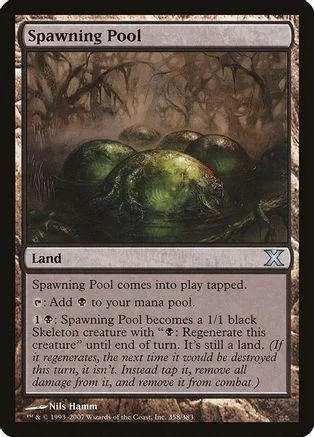 Dark swamp scene with mossy, round objects on a black and green Magic card.