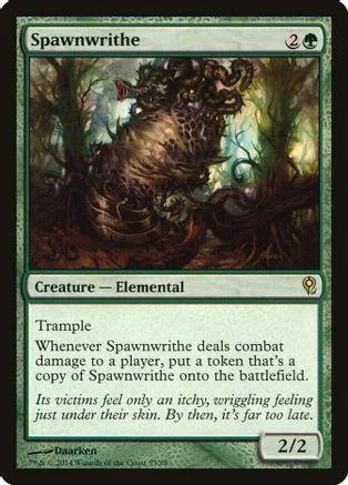 Dark, earthy creature card art for "Spawnwrithe" with black and green tones.