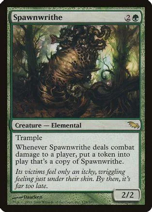 Green elemental creature card art of a dark, tangled forest scene.