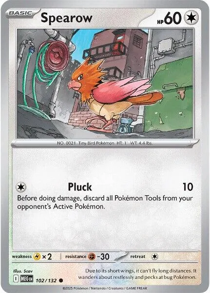 Orange bird Pokémon card, Spearrow, HP 60, showing a city background.