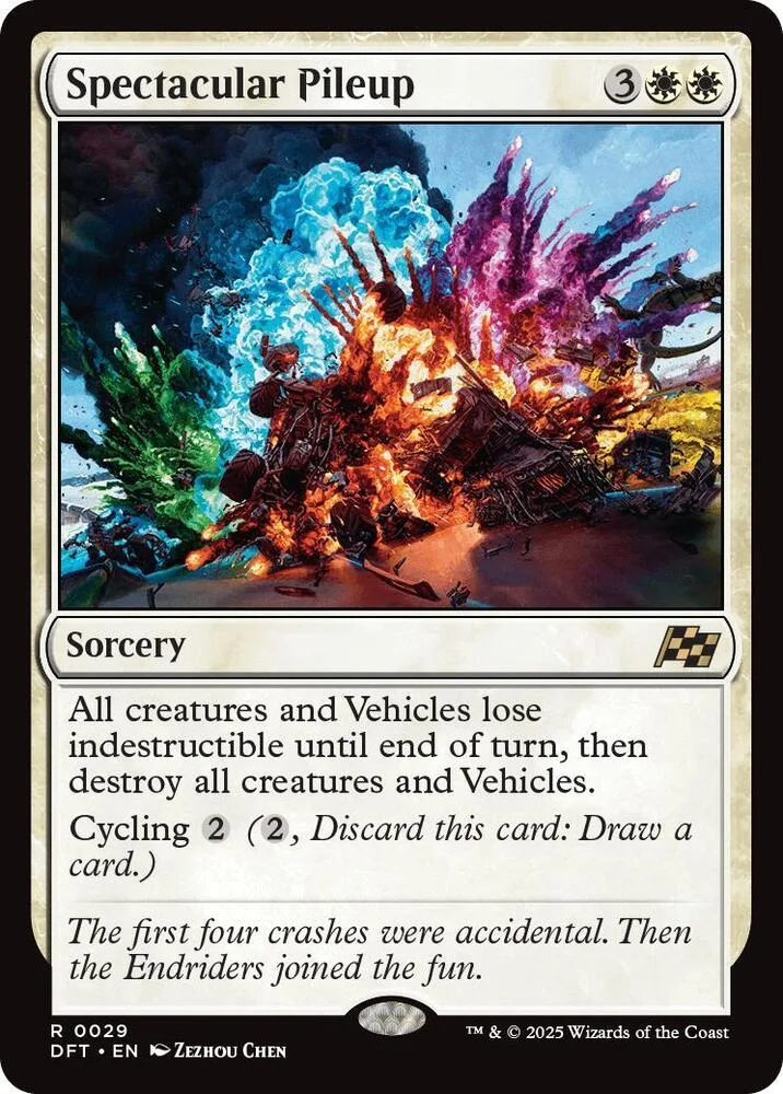Magic: The Gathering card, Spectacular Pileup, chaotic explosion art, black and colorful.
