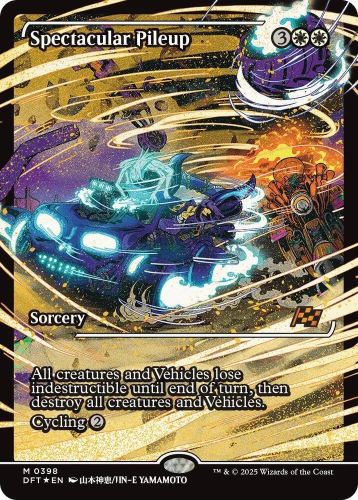 Purple and gold card art featuring a futuristic vehicle in action.