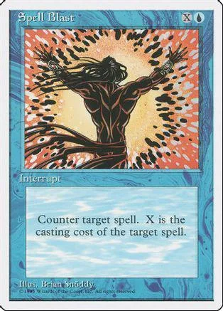 Black and orange art card featuring a figure with outstretched arms. Spell Blast.