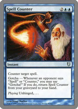 Wizard with white beard gestures toward fiery, swirling energy on a blue card.