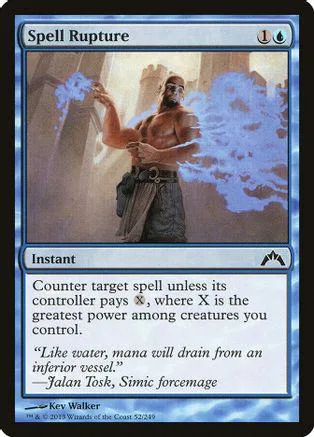 Card art depicts a muscular man conjuring blue magical energy. Spell Rupture card.