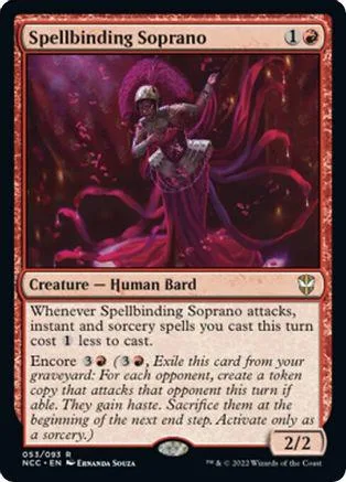 Card art depicts a figure in flowing purple robes, casting magic. Spellbinding Soprano.