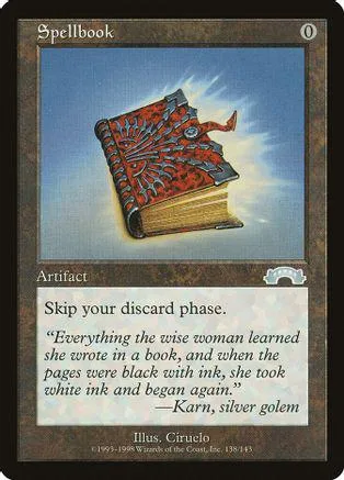 Red and blue spellbook artifact card, showing open pages, in standard card frame.