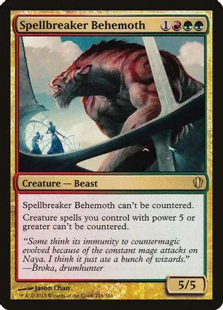 Red and black behemoth creature card art. Spellbreaker Behemoth, 5/5.