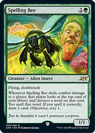 Dark insect creature on green and yellow background, Magic: The Gathering card.