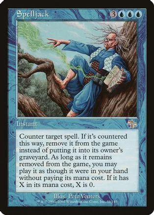 Wizard in blue robes points from a tree in a fantasy landscape.