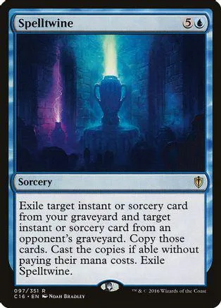 Blue and black Magic: The Gathering Spelltwine card art with glowing figure.