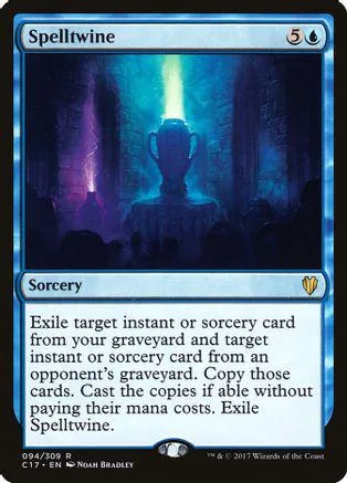 Blue and black Magic: The Gathering Spelltwine card art featuring a glowing figure.