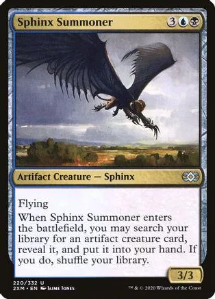 Black winged sphinx creature card art on a standard Magic: The Gathering card.