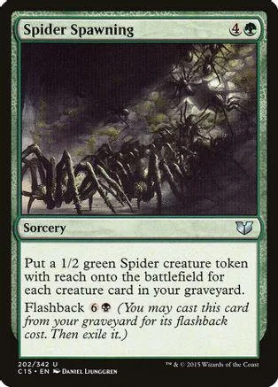 Green card art shows many spiders in a dark, shadowy jungle setting.