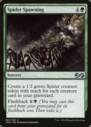 Dark scene with many spiders. Green card art for "Spider Spawning" spell.