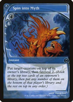 Orange dragon creature on blue card with "Spin into Myth" text.