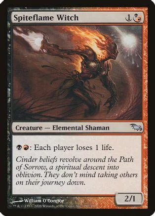 Witch creature card art, fiery figure, brown and orange tones, standard card frame.