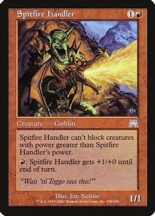Green goblin creature with fire, on a Magic: The Gathering card.