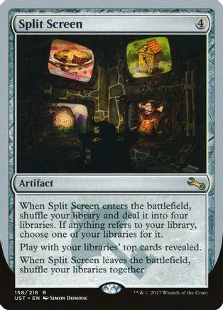 Magic: The Gathering card, Split Screen, dark fantasy scene, black and green tones.