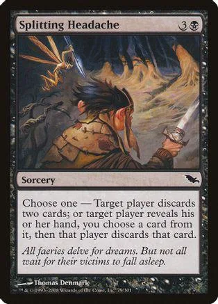 Dark fantasy art card, "Splitting Headache," showing a figure against a chaotic background.
