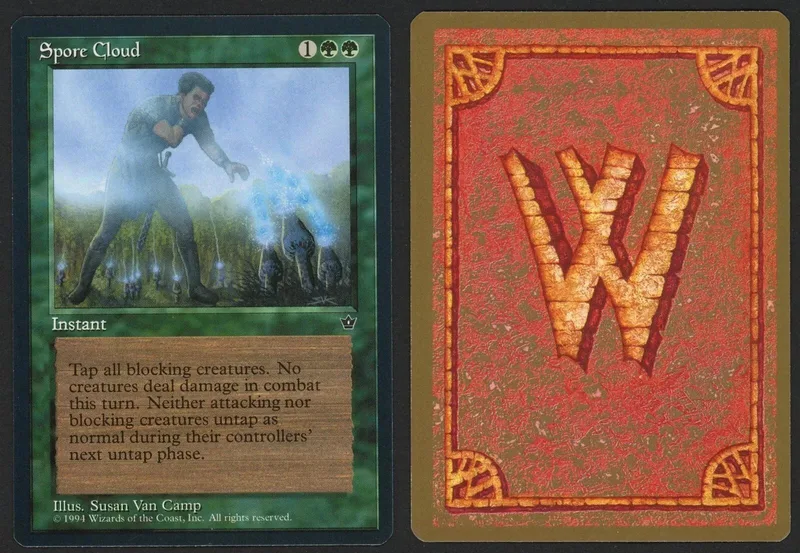 Magic: The Gathering card, Spore Cloud, green border, blue/green art.
