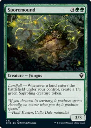 Green and dark fantasy creature card, Sporemound, with mushroom and glowing elements.