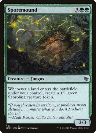 Green fungus creature card, Sporemound, dark forest scene, 3/3 stats.