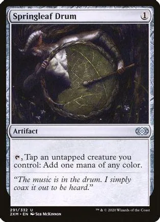 Dark, earthy art of a drum surrounded by foliage on a black and white card.