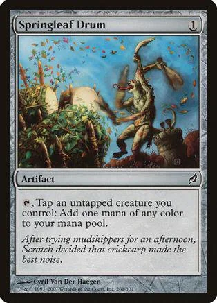 Creature with drum in green, blue, and brown landscape art.