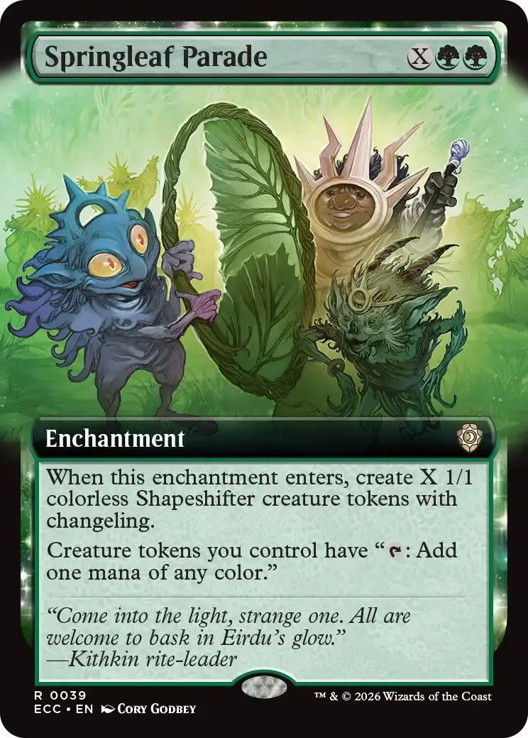 Green and blue creature art on a Magic: The Gathering card, Springleaf Parade.