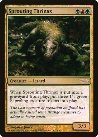 Green lizard creature card art, dark forest setting, printed on standard trading card.