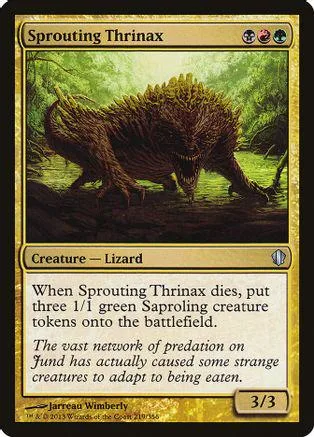 Large brown lizard creature in green swamp setting on a trading card.